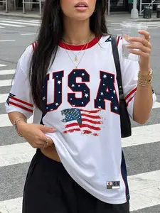 Women's Usa Flag Star Stripes Short Sleeve T-Shirt, Sporty Loose Fit Oversized Casual Streetwear, All over Print Ball Jersey