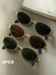 3-Piece Women's Fashion Eyewear Set, Trendy Shades, Yk2 Style, Simple Pattern, Oval Retro Durable Alloy Frame, Decorative Lenses, Ideal for Daily Wear, Shopping, Photography