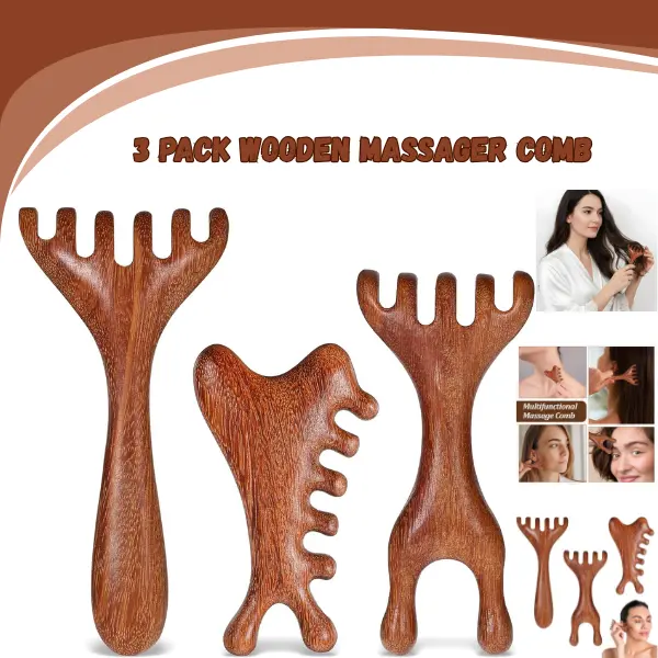 3 Pack Wooden Gua Sha Massage Tools – Scalp Massager Comb, Meridian Massage Rake, Deep Tissue Massager for Head, Neck, Back, Legs & Feet