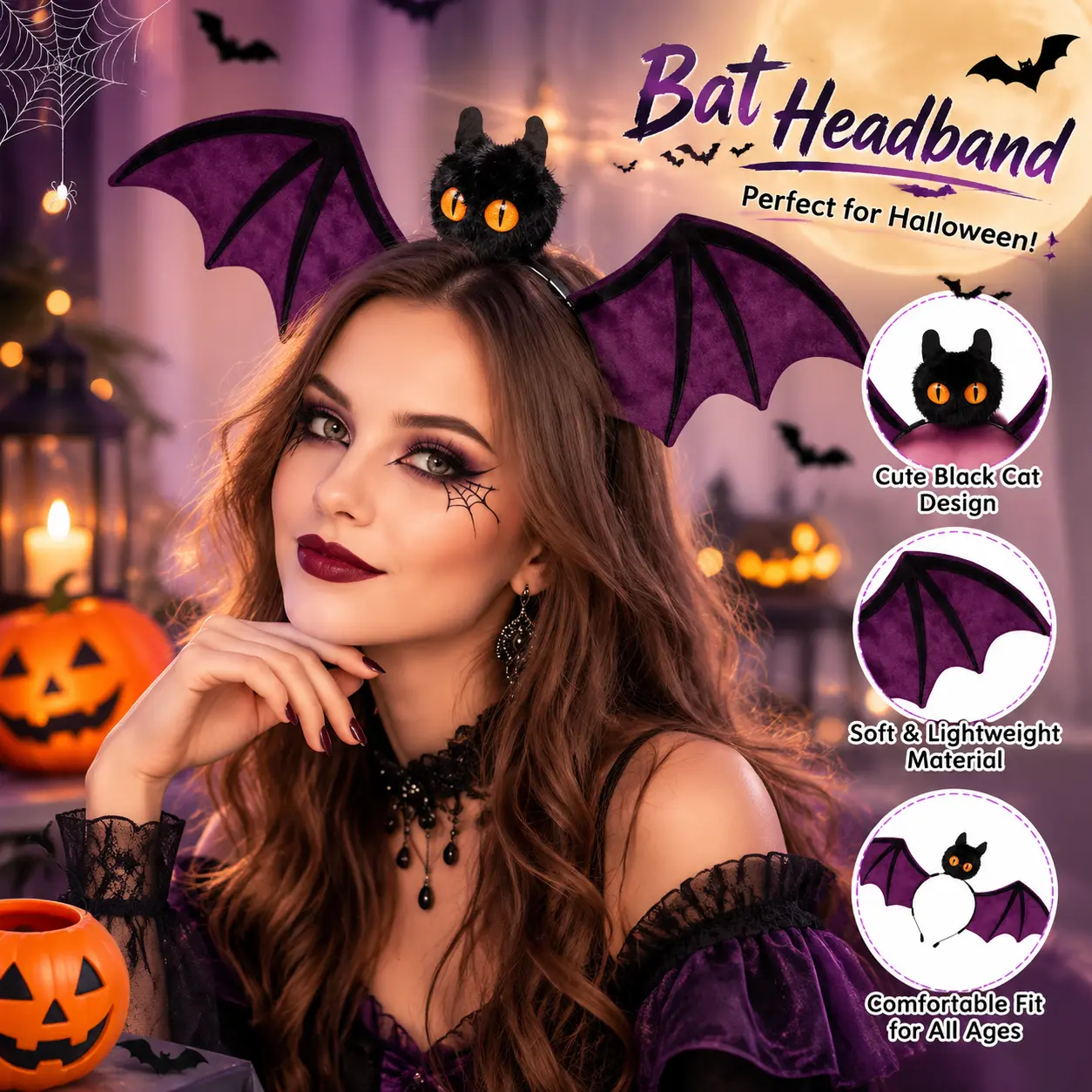 Bat Wing Headband With Fluffy Black Cat Ornament, Soft Velvet Cosplay Hair Accessory, Lightweight Adjustable Gothic Head‑Piece for Halloween Party, Costume Shoot, Themed Gathering And Daily Spooky Styling