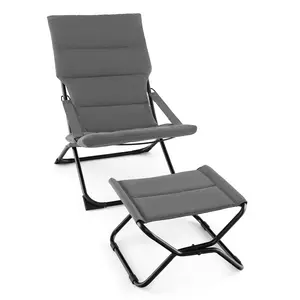 COSTWAY - Patio Folding Sling Chair with Ottoman Footrest and Removable Cushion-Gray