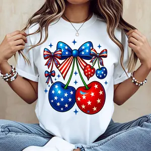 Patriotic Cherry With American Flag Bow Print T Shirt White Casual Loose Fit For Everyday Wear And Outdoor Activities