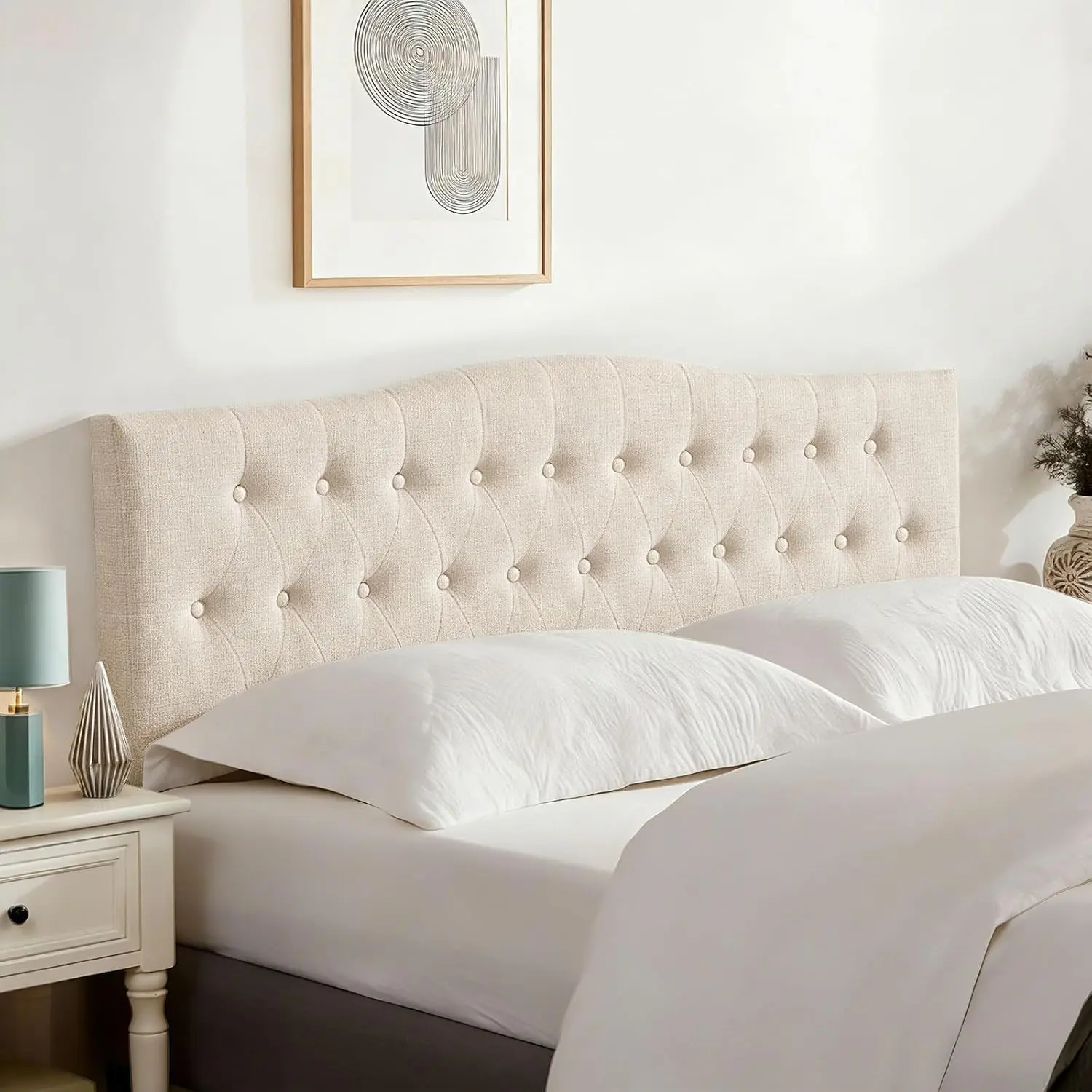 Headboard Queen Size Only - Elegant Diamond Tufted Upholstered Queen Headboard, Adjustable Height from 37” to 51” - Easy Assembly, Fits Standard Frames,Beige