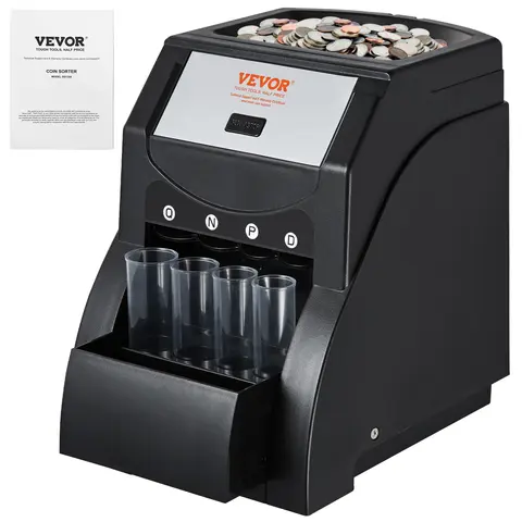【toolupgrade】VEVOR USD Coin Sorter Coin Sorter Machine for USD Coin 1￠ 5￠ 10￠ 25￠Sorts up to 230 Coins/minCoin Sorter and Wrapper Machine Holds 200 Coins Included 4 Coin TubesBlack, Coin Handling, Cash Registers