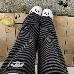 Autumn Winter New Thicked Warm Pants Y2k High Waist Loose Wide Leg Pants Panda Embroidery Black Gray Striped Straight Trousers