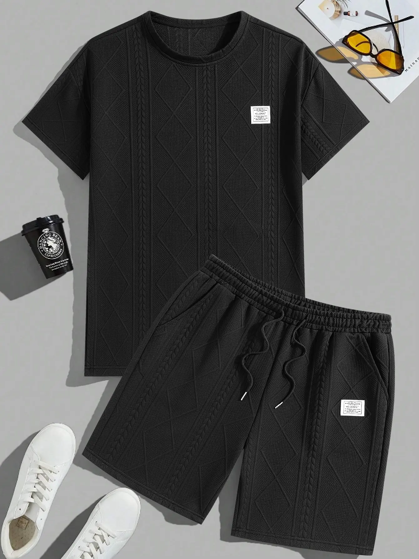Men's 2-Piece Jacquard Textured Menswear Set - Crew Neck T-Shirt, Drawstring Waist Shorts, Regular Fit, Breathable Cool Summer Casual Clothes for Daily Outfits Inspo
