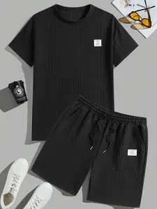 Jacquard textured fabric 2-piece set for men's summer casual solid color round neck T-shirt and shorts, with drawstring waistband design, suitable for daily wear, regular fit, breathable and cool, a must-have set for summer, comfortable and versatile Spri