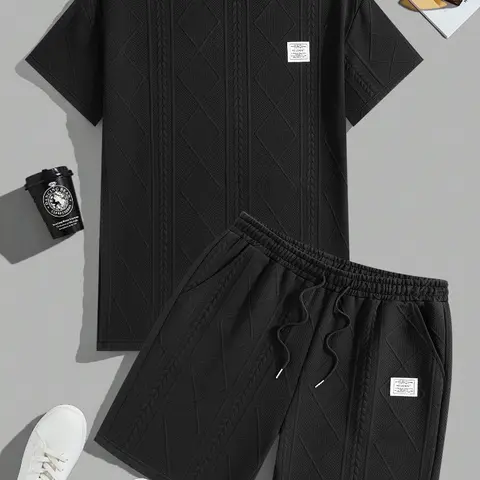 Men's Minimalist Preppy 2-Piece Jacquard Textured Casual Athletic Menswear Clothes Set - Crew Neck Elastane T-Shirt, Drawstring Waist Shorts, Regular Fit, Breathable Fabric for Summer Holiday Daily Outfits