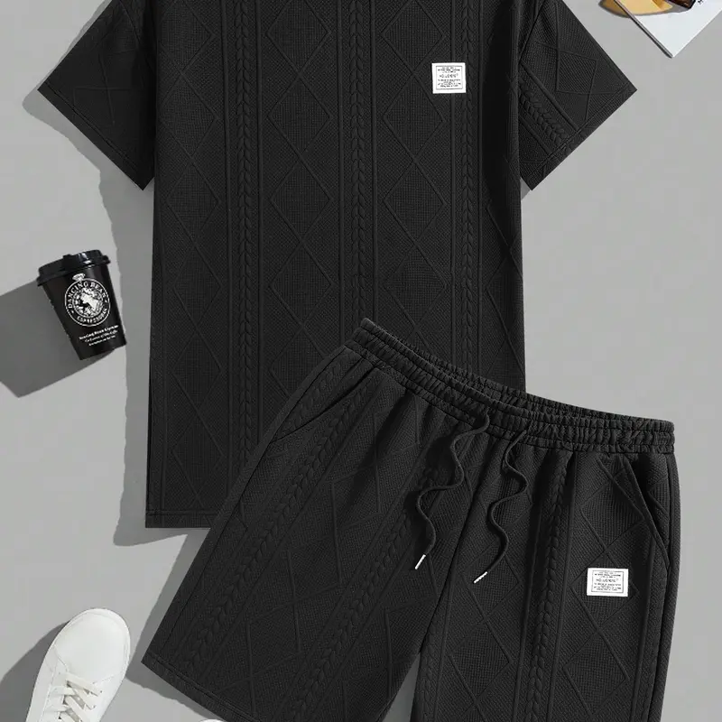 Men's Minimalist Preppy 2-Piece Jacquard Textured Casual Athletic Menswear Clothes Set - Crew Neck Elastane T-Shirt, Drawstring Waist Shorts, Regular Fit, Breathable Fabric for Summer Holiday Daily Outfits