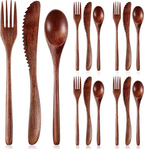 Pack of 12 Kitchen Wood Dinner Flatware Tableware Set Includes Spoon, Fork, Knife Wooden Utensils for Eating Wooden Spoon Fork Knife Cutlery Set