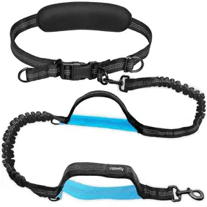 Uppetly Hands Free Dog Running Leash with Adjustable Waist Belt, Dual Handle Elastic Bungees Retractable Rope for Small and Medium Dogs, Reflective Stitches for Walking Hiking Biking (Large, 25-120lb)