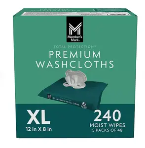 Member's Mark Adult Washcloths 240 ct. 5 Packs of 48 - Improved Formula, Hypoallergenic, 12" x 8", Flushable, Disposable, Hand Wipes Napkin