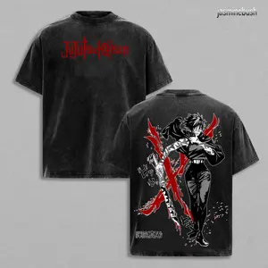 Maki Zenin Tee Washed – Jujutsu Kaisen Execution Culling Game Arc Vintage Oversized Heavy Cotton Double Printed Anime Manga T-Shirt, Retro Unisex Streetwear Graphic Top, The Demon of Zenin Clan Edition