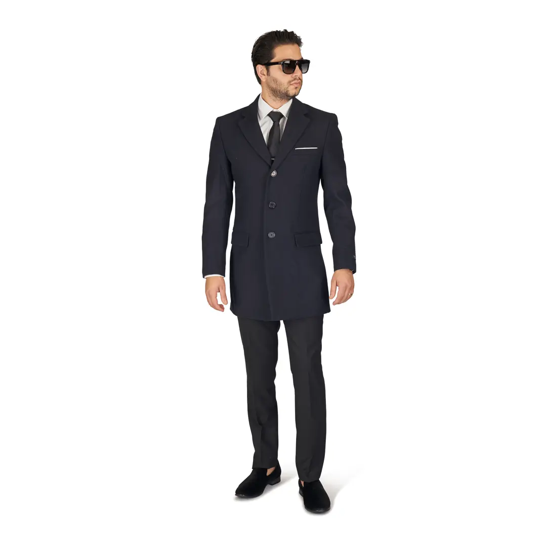 Mens Wool Ovecoat Solid Navy Blue 3 Button Classic Notched Lapel Top Trench Pea Coat By AZARMAN