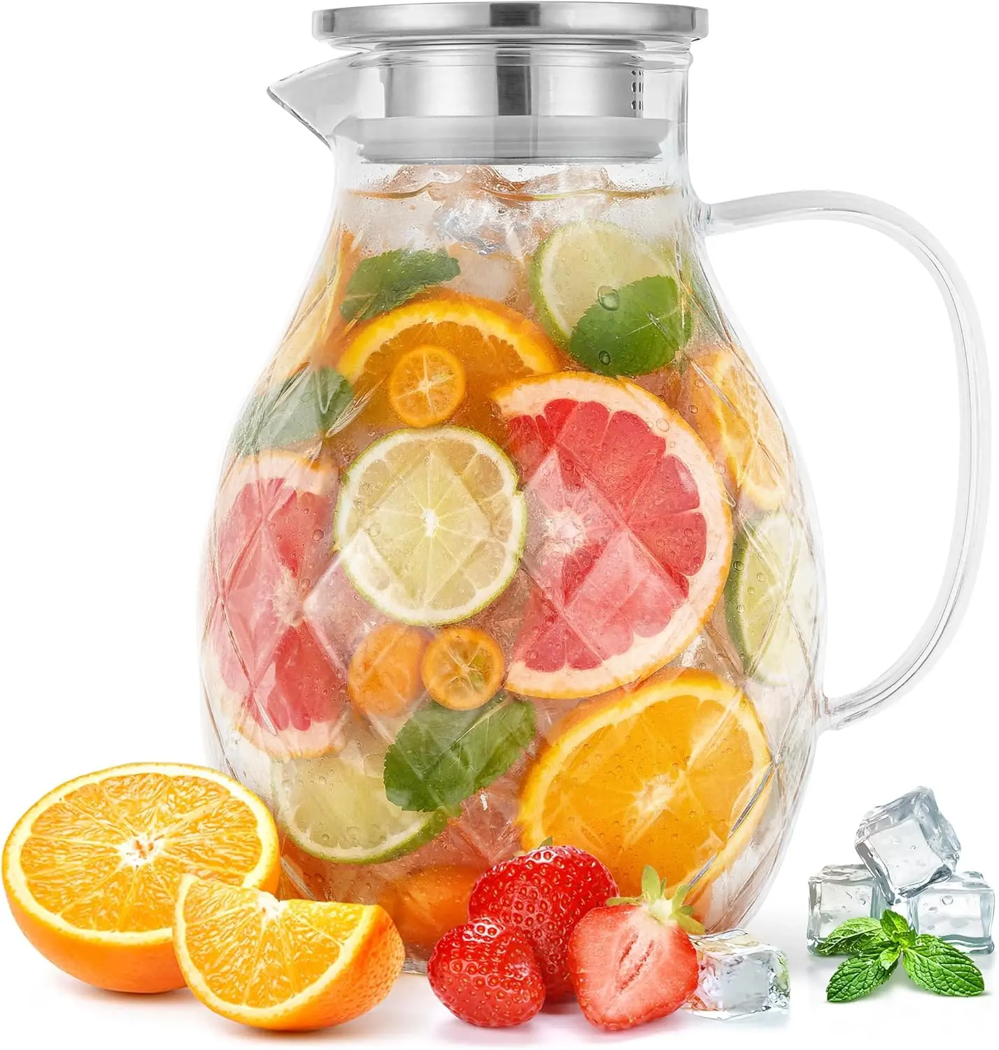 PJC-Kitchen Borosilicate Glass Pitcher with Lid and Spout - Hand Blown Diamond Pattern Glass Carafe for Hot and Cold Beverages - Available in 2L 68oz and 3L 100oz - Iced Tea, Juice and Sangria Jug