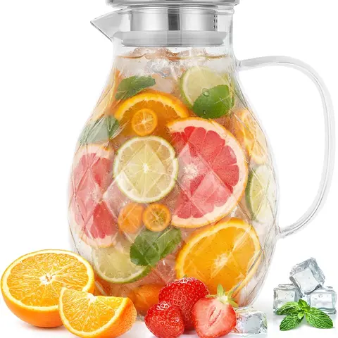 PJC-Kitchen Handmade Borosilicate Glass Pitcher - Stovetop & Dishwasher Safe, Geometric Diamond Pattern Carafe with Silicone-Steel Lid, Leakproof Spout, Ice-Bag Filter, 1,000-2,000ml (2L/68oz, 3L/100oz) Serving Jug for Fruit Tea