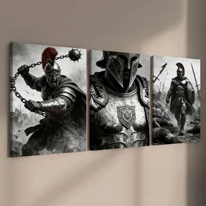 3-Piece Wooden Framed Canvas Art, Spartan Warrior Theme Poster, Greek Warrior Gaming Room Decor, Modern Home Wall Art, Waterproof