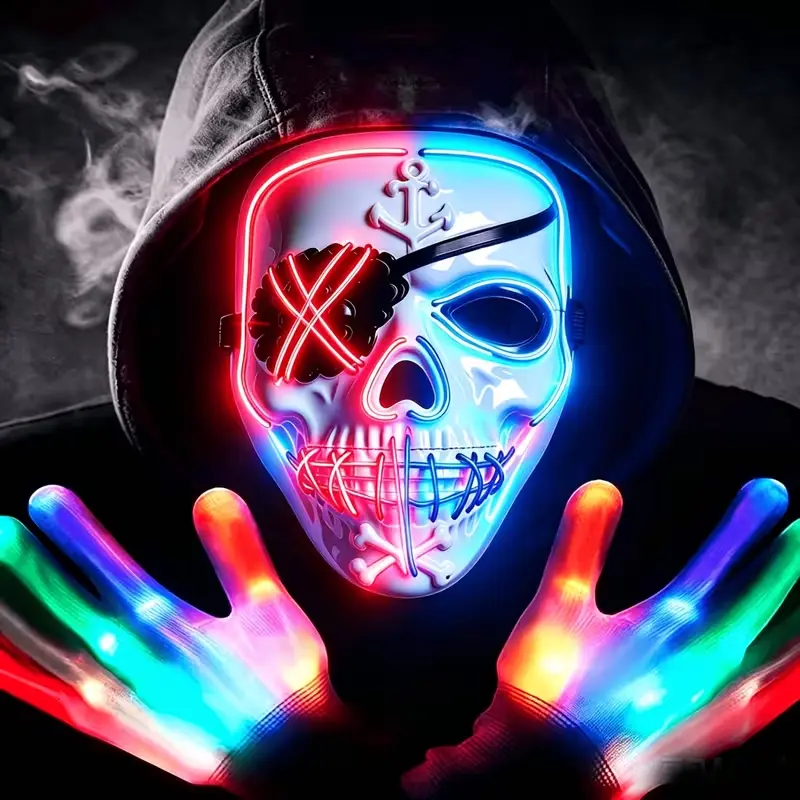 2026 New Design Halloween LED Glow Mask – Unique Neon Mask – Eye-Catching Prop for Parties and Gatherings – Skeleton + Pirate Theme Reborn Christmas Decor Mask – Adult Men's Costume Mask