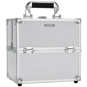 Professional Makeup Train Case Aluminum Makeup Box 4-Tier Trays Crafters Train Case Jewelry Storage Organizer with Lockable Portable Travel Makeup Storage Box for Women and Girls (Bright Silver) springtok