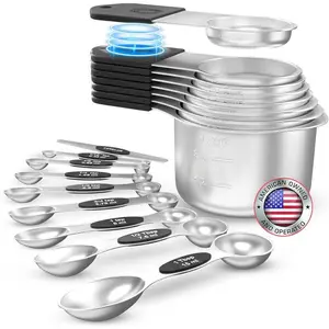 Magnetic Measuring Cups and Spoons Set of 16 - Stackable Stainless Steel Magnetic Measuring Spoons Set with Leveler - Dual Marking Scale Measuring Cup for Dry and Liquid Ingredients (Black)