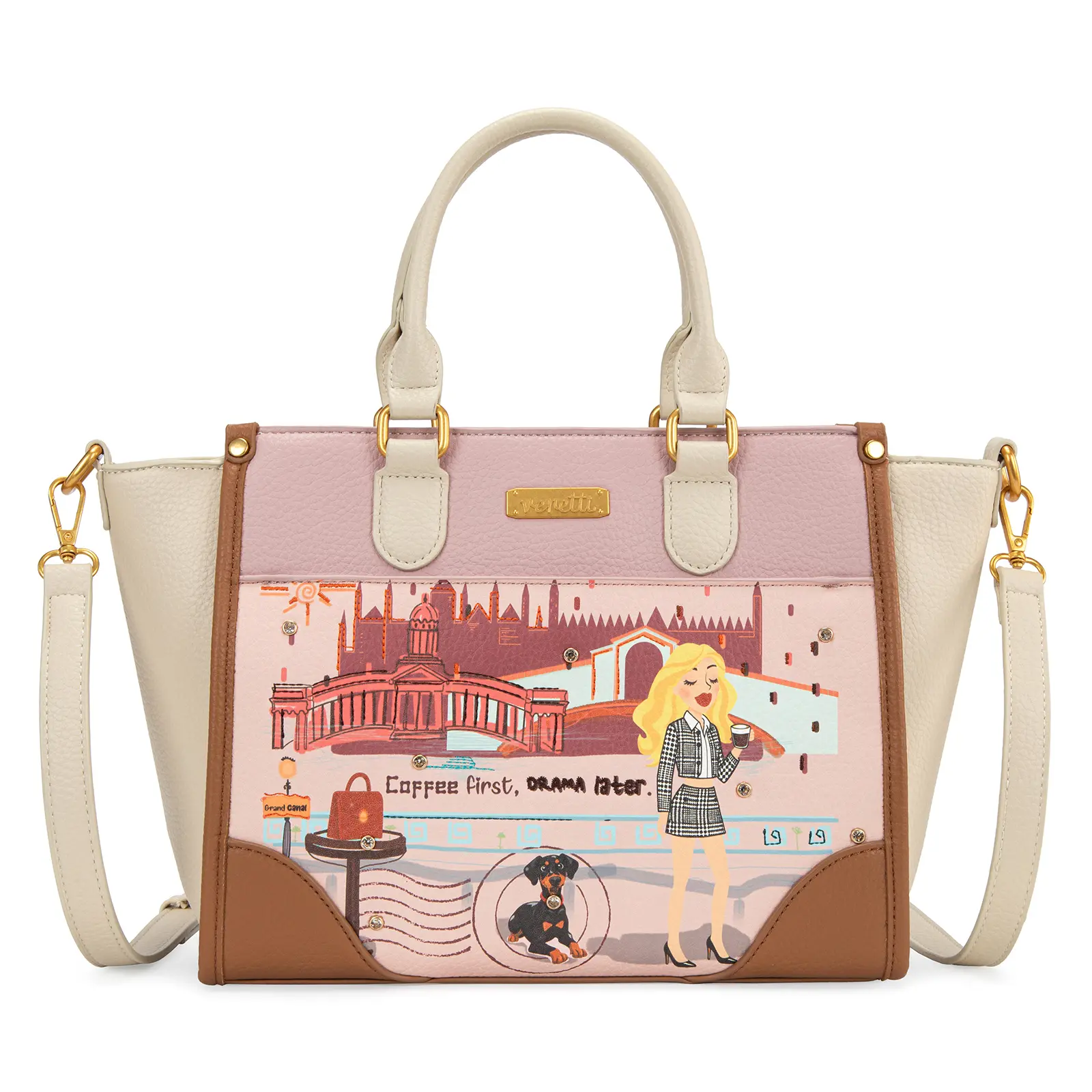 Venetti Cityscape Illustration Tote Bag for Women and Girls, Lightweight Crossbody Bag Multi-Pocket with Adjustable Strap