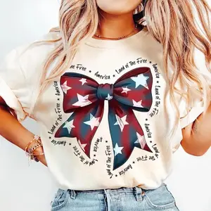 America Land Of The Free Memorial Day Coquette 4th of July Coquette Patriotic Bow Patriotic for Shirt America T-Shirt Casual Daily Wear Tee For Men & Women, Apparel Made In The USA