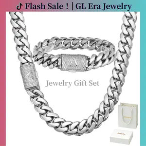 Chunky Silver Stainless Steel Cuban Link Necklace and Bracelet Set for Men, Diamond-Cut Initial Letter Chain, Punk Hip Hop Rap Jewelry with Gift Box, Bling Accessory for Party & Daily Wear