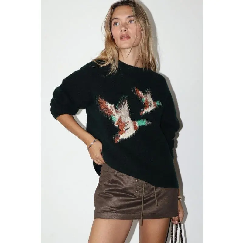Flying Mallard Duck Knit Sweater Deep Forest