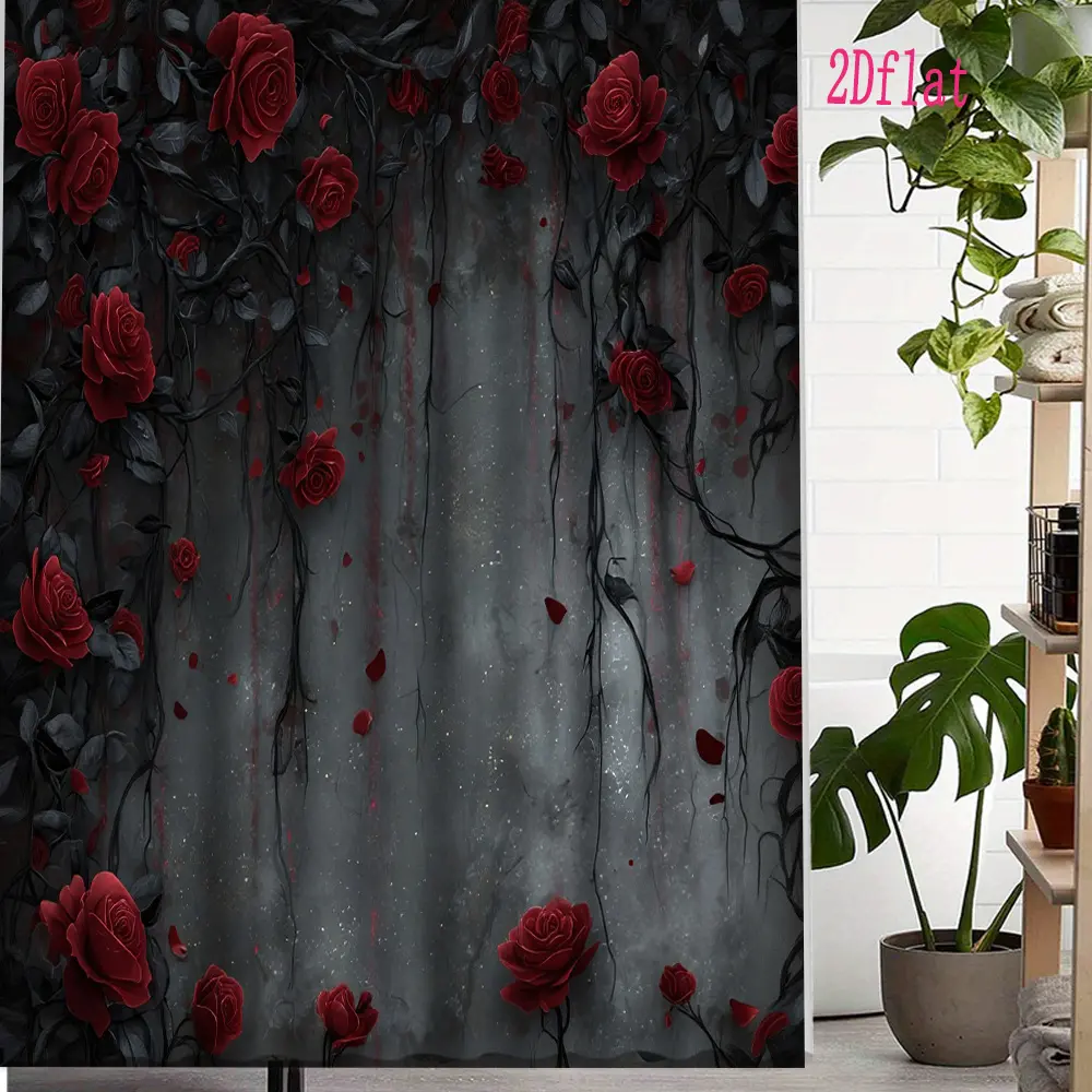2D Flat 1Pc Romantic Red Rose Bathroom Curtain, suitable for Valentine's Day, size is 71inch x 71inch, comes with hooks. Perfect for matching a stunning love-themed bathroom design