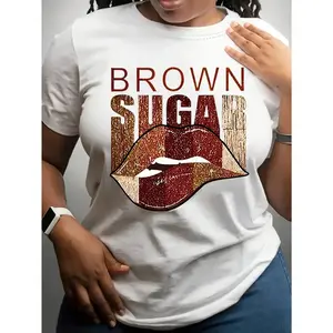 Women's Lip Print Graphic Tee - Stylish Monogram Design, Soft Short Sleeve Crew Neck Casual Top for Date Nights, Girls' Day Out & Trendy Streetwear| Cute & Fashionable