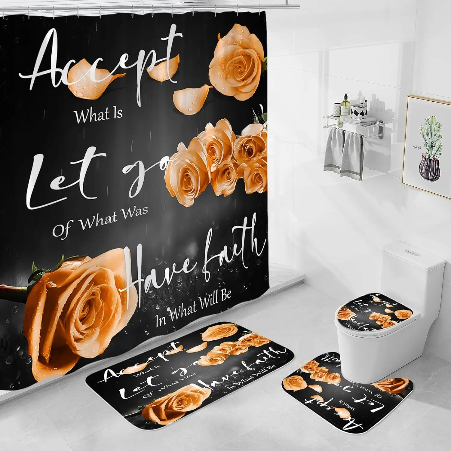Orange Rose Floral 4-Pc Polyester Shower Curtain Set - Includes Non-Slip Bath Rug, Toilet Lid Cover, Bath Mat, Retro Black-Yellow Blessed Elegant Design for Valentine's Day Bathrooms (Hooks Not Included, Printed Pattern)