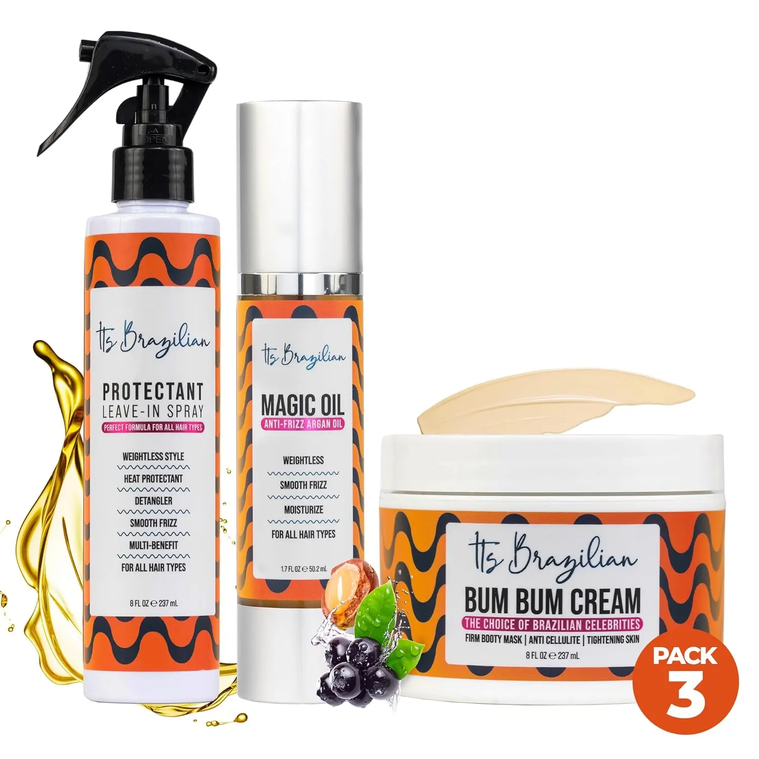 Kit Beauty Brazilian - Organic Argan Oil + Leave In Spray Conditioner + Firming & Moisturizing Balm - Frizz Control, Hair Care Treatment - 1.7 oz + 8 oz