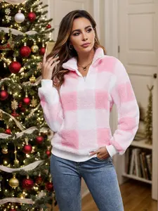 Women's Plaid Fleece Sweatshirt, Casual Fall Winter Half-Zip Pullover Hoodie, Warm Long Sleeve Sporty Top for Ladies