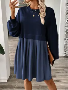 Autumn Winter New Women's Loose-Fit Everyday Casual Two-Piece Pleated Dress, Woven Fabric, Moderate Thickness, Spring & Fall Fashion, Long Sleeves