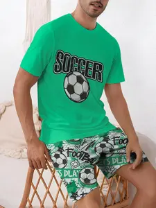 Men's Cartoon Soccer Print Tee & Shorts Pajama Two-piece Set, Regular Fit Casual Comfy Round Neck Short Sleeve T-shirt & Shorts PJ Set, Men's Sleepwear for Summer