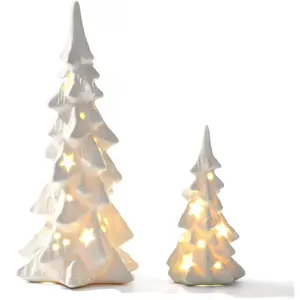 White Ceramic Christmas Trees that Light Up, 2Pcs Porcelain Christmas Tree with Lights, Stars and Dots Cutout Prelit Tabletop Xmas Tree Figurines for Mantle Neutral Christmas Decor, Gift for Holiday Home Decoration, Christmas gifts, table decor