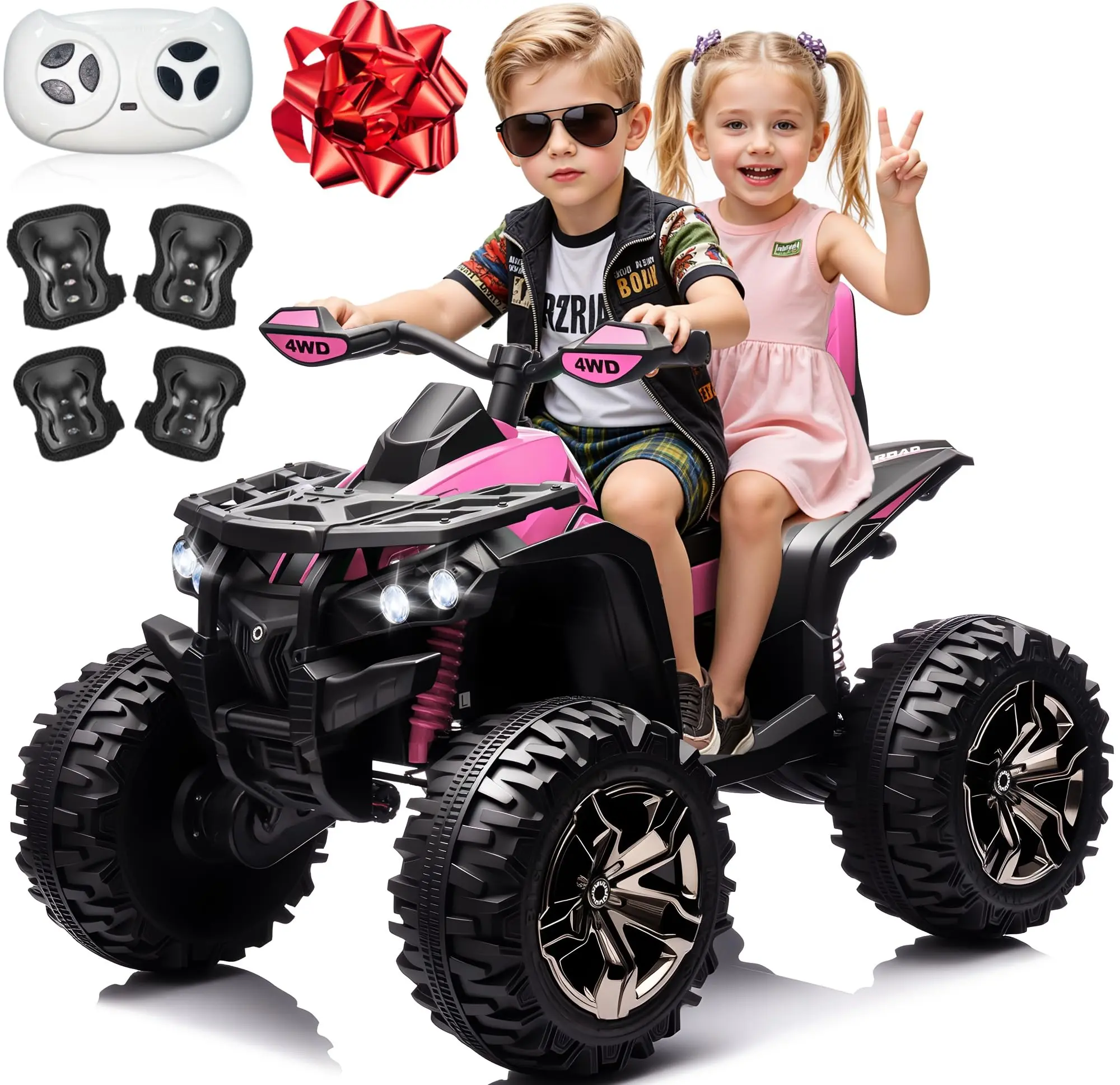 JOYRACER 24V 4WD ATV for Kids, 25.6''W×40.5''L×28.7''H, 2 Seater Ride on Toys Electric Quad w/800W Motors, 9AH Battery Powered Car w/Remote Control, Knee Pads, Bluetooth Music, Horn, LED, Spring Suspension, Outdoor Toys Gift for Boys and Girls Aged 3-8