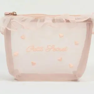 TikTok Viral Clear Makeup Bag - Sheer Mesh Cosmetic Pouch with Lace Trim & Heart Embroidery, Cute Travel Toiletry Organizer, Through Bag for Essentials (Perfect Gift for Women)toiletry storage bag
