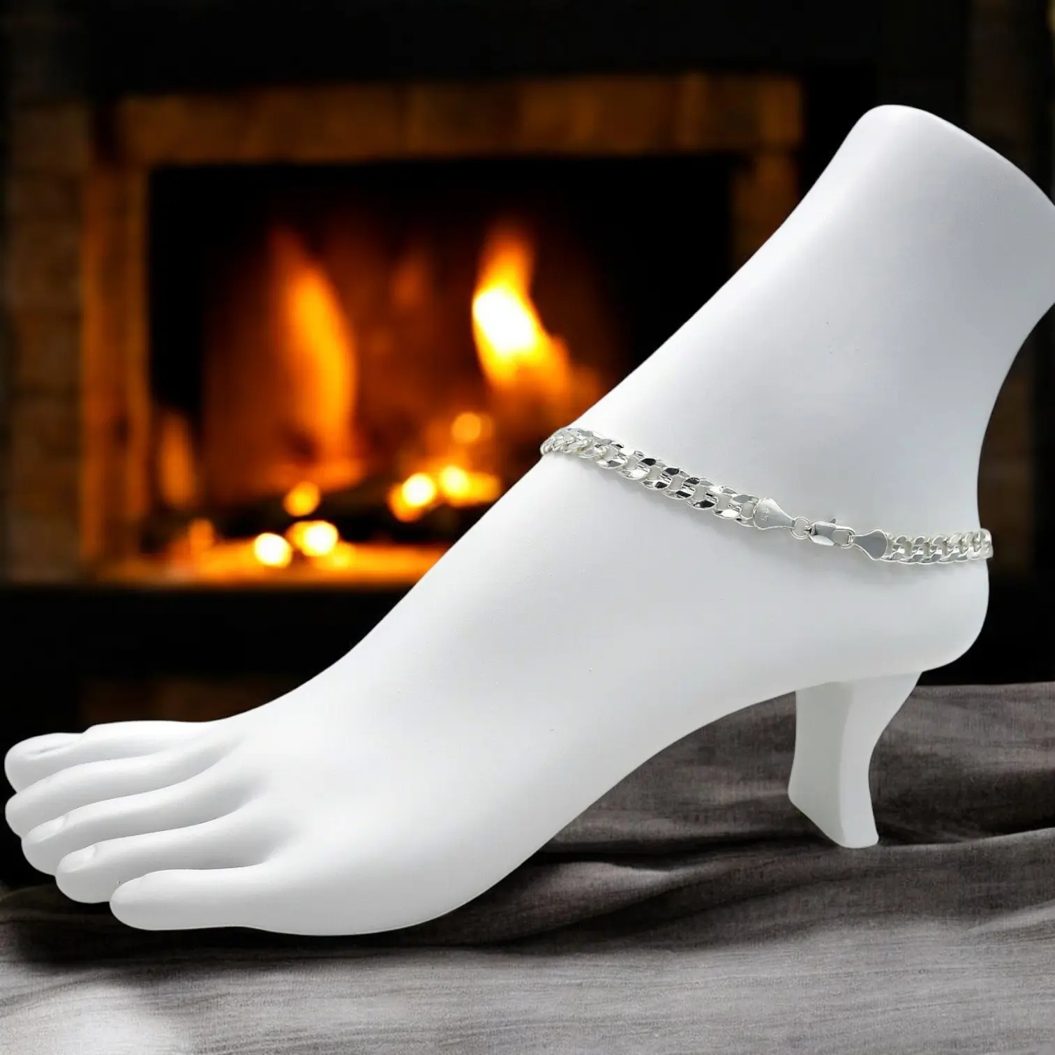 MaxBling81 925 Stamped High-Quality Brass Anklet - 5mm 10" Concave Curb Cuban Chain, Silver-Plated Metallic Silver Women's Fashion Accessory Ankle Bracelets, Anklets for Women, 925 Stamped Anklets