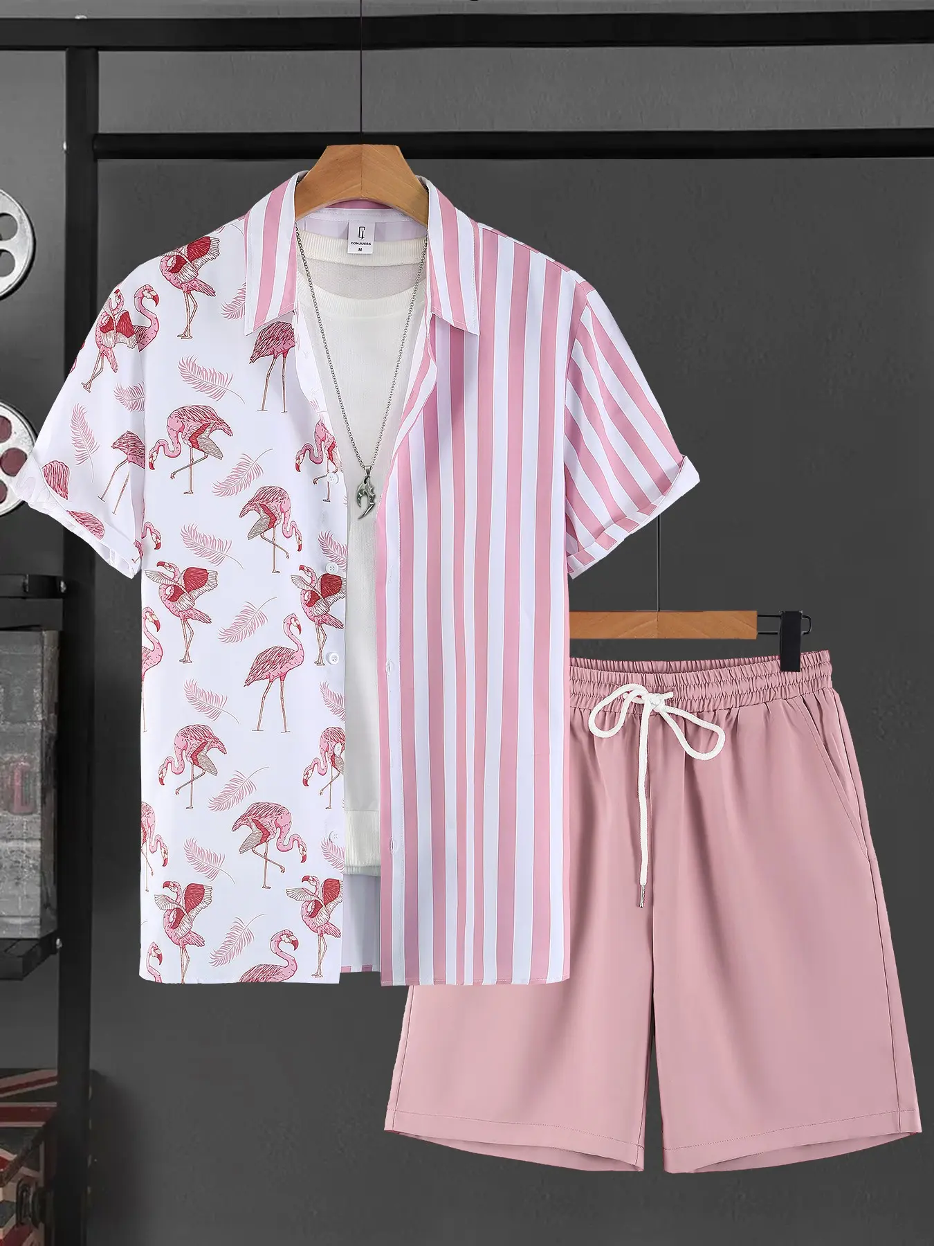 Men's Flamingo Print & Stripe 2-Piece Loungewear Set, Homewear, Striped - Short Sleeve Camp Collar Shirt & Pink Drawstring Shorts, Soft Breathable Fabric, Relaxed Fit for At-Home Lounging, Lazy Weekends & Casual Evenings, Soft Casual Pajamas