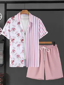 Men's Flamingo Print & Stripe 2-Piece Loungewear Set, Homewear - Short Sleeve Camp Collar Shirt & Pink Drawstring Shorts, Soft Breathable Fabric, Relaxed Fit for At-Home Lounging, Lazy Weekends & Casual Evenings