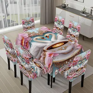 5/7-piece 2D Flat Printing Blue Pink Gold Swan Teacup Printing Pattern Tablecloth and Chair Cover Set, for dining table and chair decoration, perfect for home, holiday gatherings, restaurants, and parties, Dining Chair Slipcover