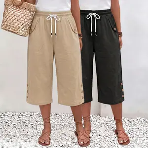 Women’s Summer Fashion European & American Street Casual Pants with Side Pockets, Elastic Waistband, Trendy Ankle-Length Style