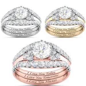 Meraki Women's Zircon 3-in-1 Stackable Promise Ring Set, Engraved "I Love You Today, Tomorrow, Forever"