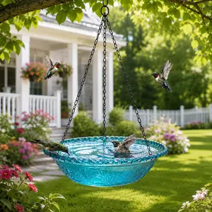 Hanging Glass Bird Feeder with Solar Fountain, Balcony Garden Bird Bath (4 Colors)