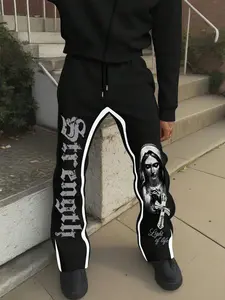 Men's Street Style Nun Print Micro Flare Pants, Slim-Fitting Graphic Long Pants, Perfect for Daily Wear, Street Photography, Friend Gatherings