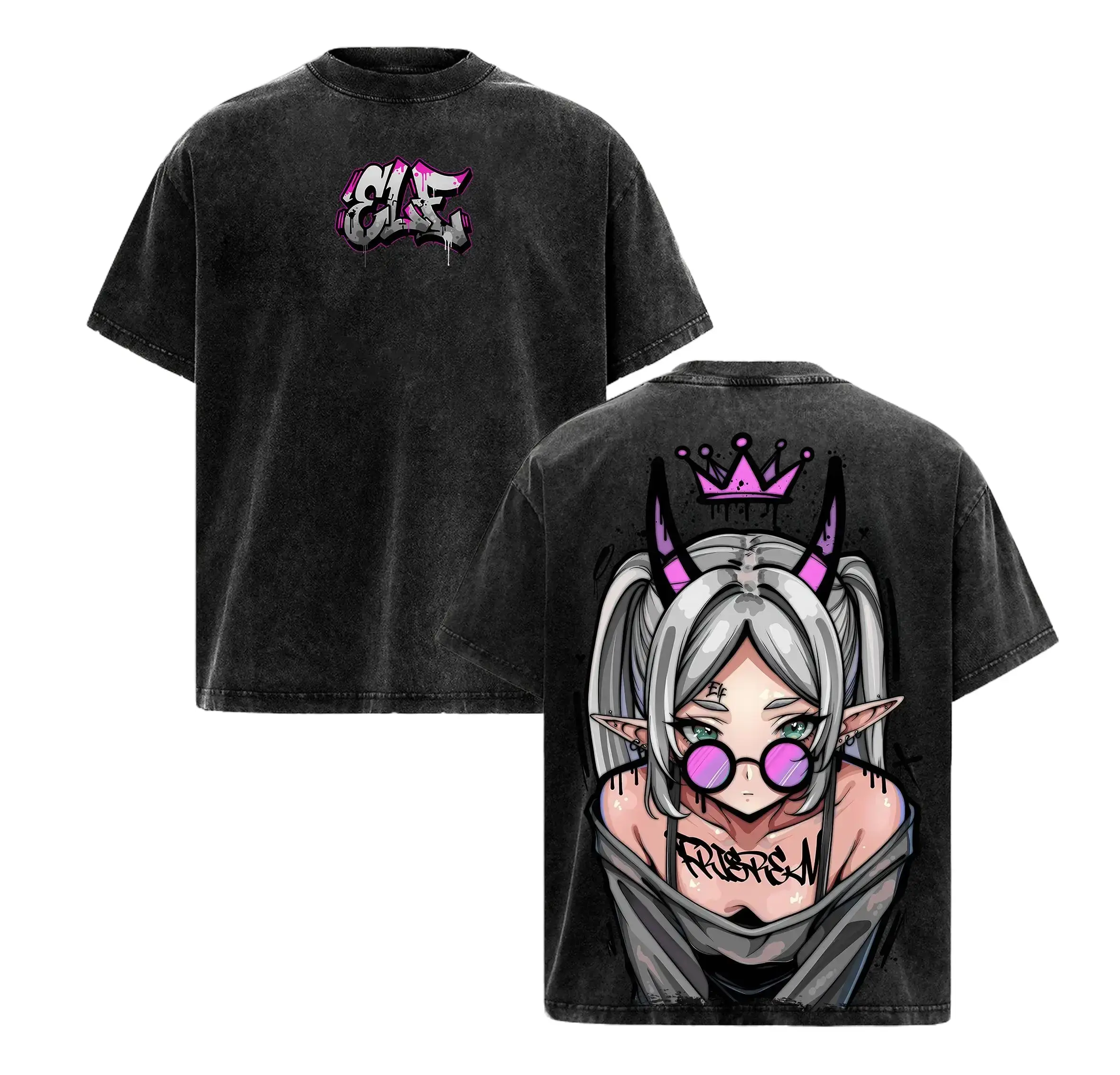 Men's Oversized Vintage Washed Heavy Cotton Streetwear T-Shirt, Demon Elf Girl Purple Crown Graphic, Short-Sleeve Grunge Gift for Frieren Fans