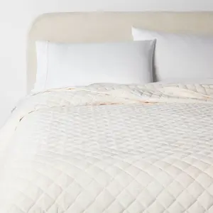 Full/Queen Luxe Diamond Stitch Velvet Quilt Ivory - Threshold: OEKO-TEX Certified, Machine Washable, Year-Round Comfort