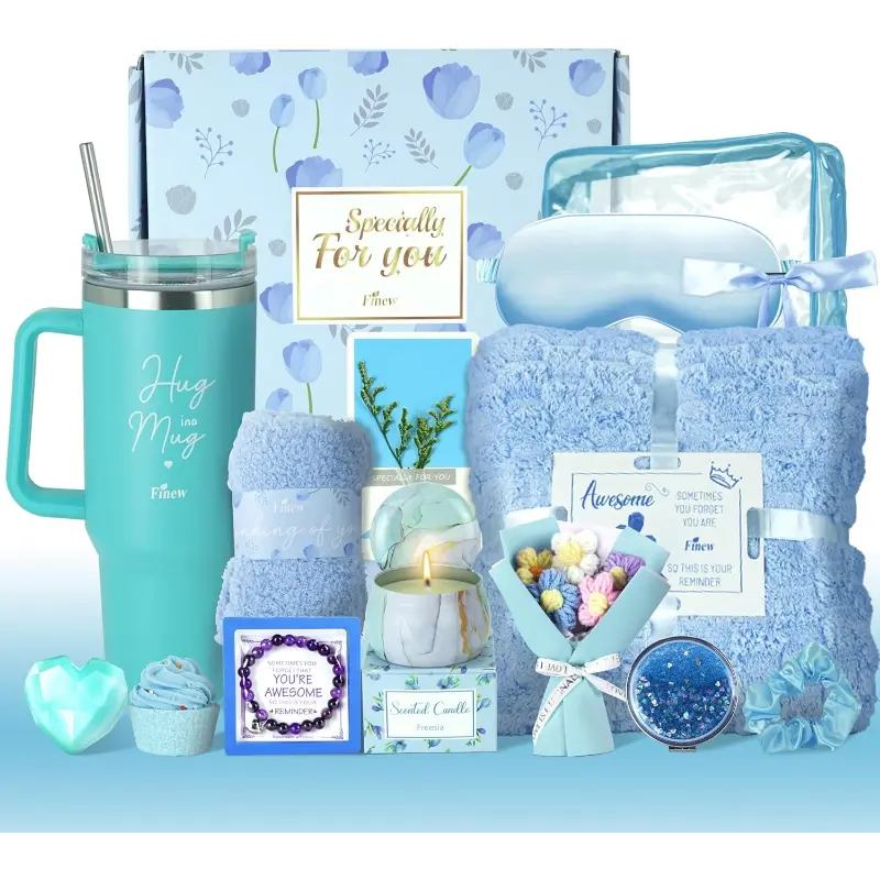 15PCS Birthday Gifts for Women, Relaxing Gifts Baskets for Her, Care Package with Luxury Flannel Blanket and 40 oz Tumbler, Valentines, Mothers Day, Christmas Women's Gift for Mom, Wife, Friends