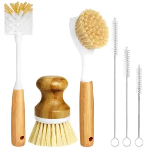 6 Pack Kitchen Dish Cleaner Brush Kit - Includes Bottle Brush, Long-Handle Dish Brush, Palm Scrub Brush, Straw Brush - Perfect for Dishes, Bottles, Cups, Pots & Cast Iron Bamboo Cleaning